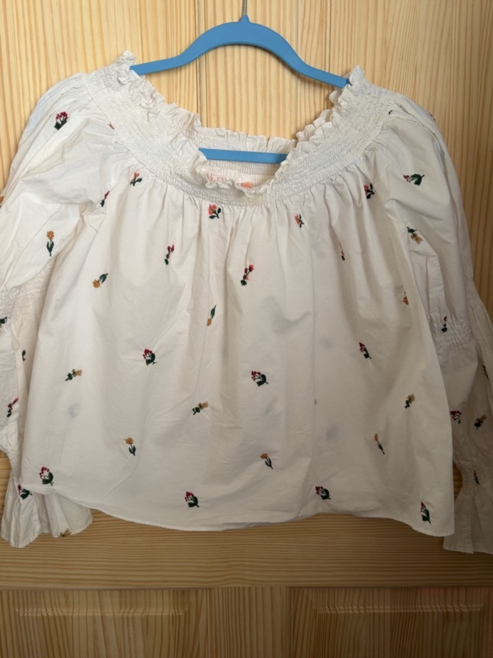 Zara White Smocked Blouse with Red Floral Embroidery